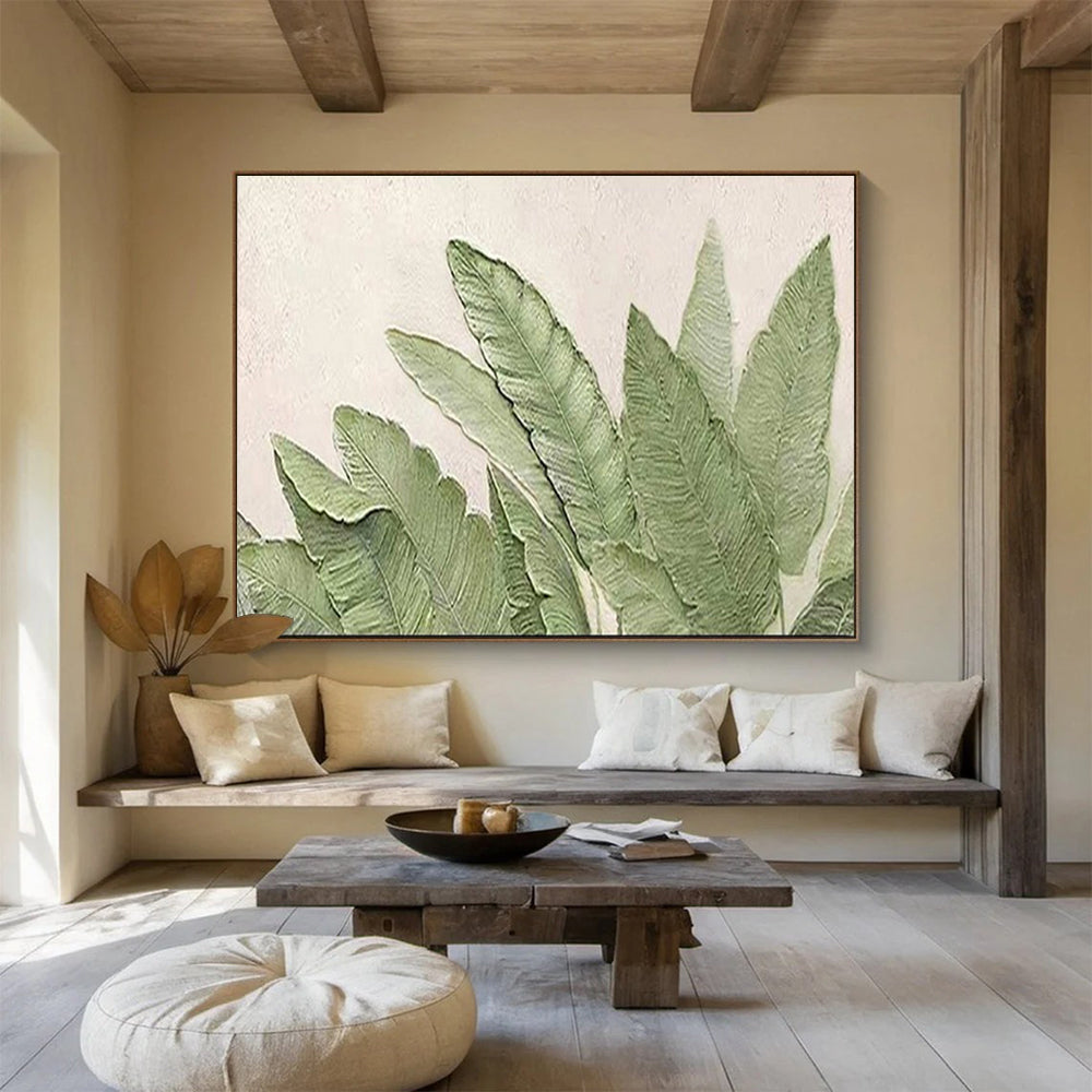 “Hand - painted Green Leaves” - Relief - like green leaves on white CT1652