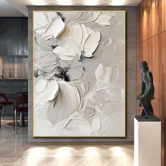 “Textured White Blooms”，Abstract Floral Impasto Artwork CT0525