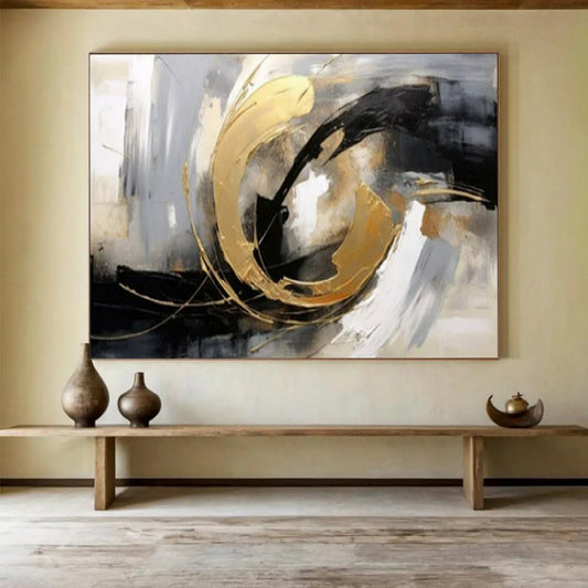 “Gold - Black Abstract Swirl” - Blacks, whites, golds; bold, textured circular abstraction CT1613