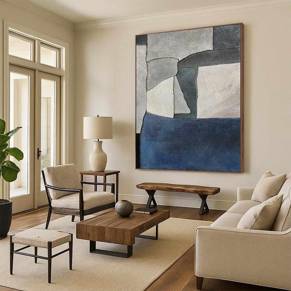 “Gray & Blue Patchwork: Minimalist Abstraction” - Abstract Minimalist Painting CT0386