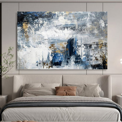 “Blue - Gray Gold Abstract” - Blues, grays, golds; textured, moody abstraction with gold accents CT1623