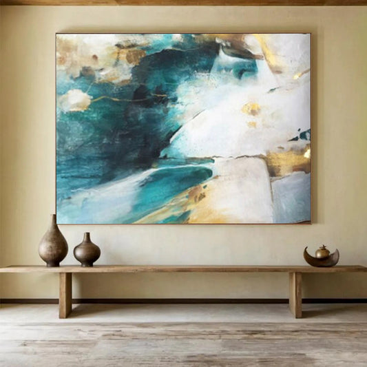 “Teal - Gold Flow” - Interwoven teal, gold, and white in a fluid abstract CT1635