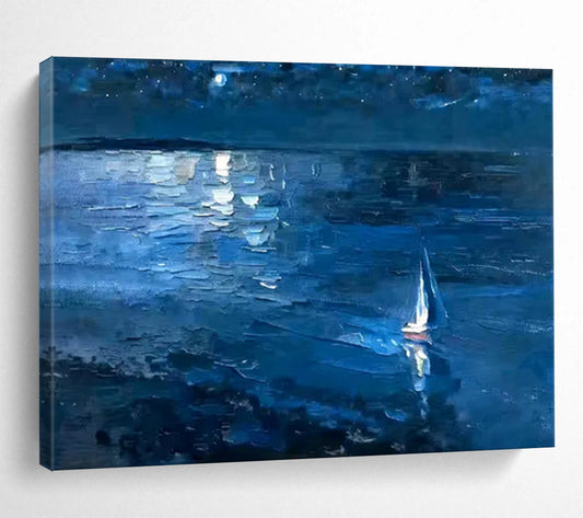 “Moonlit Sailboat at Sea” – Impressionistic Oil Painting CT1784