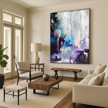 “Colorful Cascade” - Abstract Painting with Blue, Purple, Orange, Gray CT0069