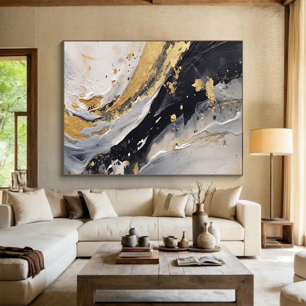 “Marbled Gold & Monochrome” – Abstract Textured Acrylic Painting CT1710