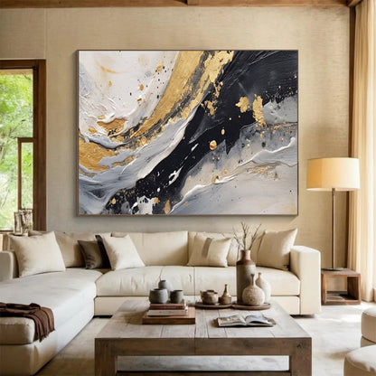 “Marbled Gold & Monochrome” – Abstract Textured Acrylic Painting CT1710