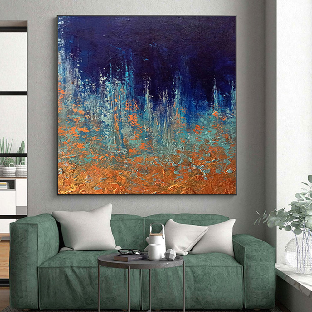 “Midnight Forest Sparkle” - Abstract Acrylic with Dark Blue, Teal, Orange CT0054