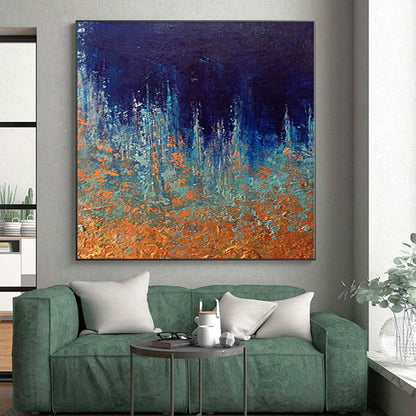 “Midnight Forest Sparkle” - Abstract Acrylic with Dark Blue, Teal, Orange CT0054