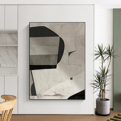 “Grey - Black Geometric Collage”，Abstract Mixed - Media Art CT0558