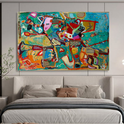 Vibrant, abstract painting with a mix of colors and shapes on a blue background CT1657
