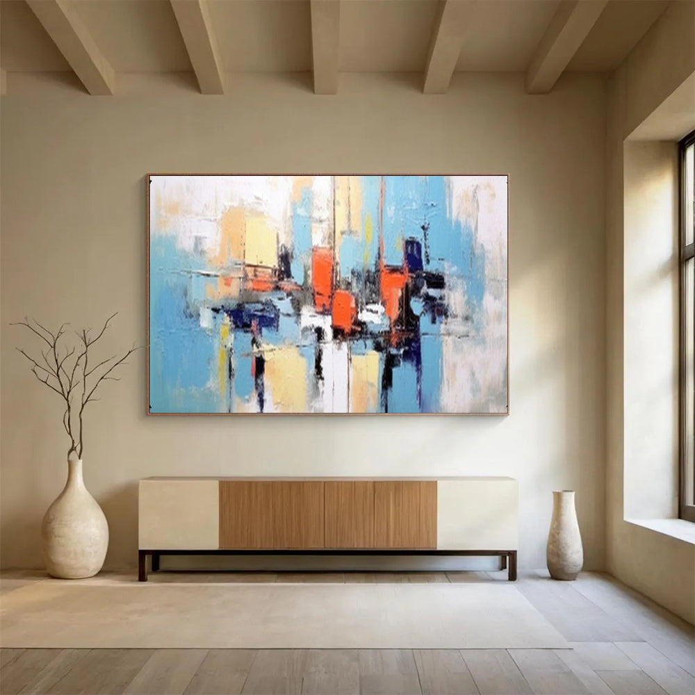 “Hand - painted Harbor Abstraction” - Color - blocked harbor scene in blue, orange, and yellow CT1646