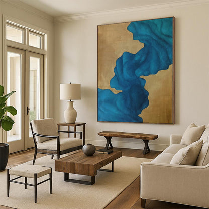 “Fluid Blue on Gold” Abstract Acrylic Art CT0343