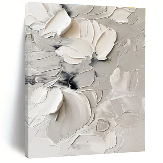 “Textured White Blooms”，Abstract Floral Impasto Artwork CT0525