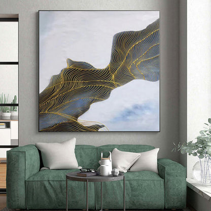 “Blue and Gold Wavy Lines”，Line - Driven Abstract Painting CT0357