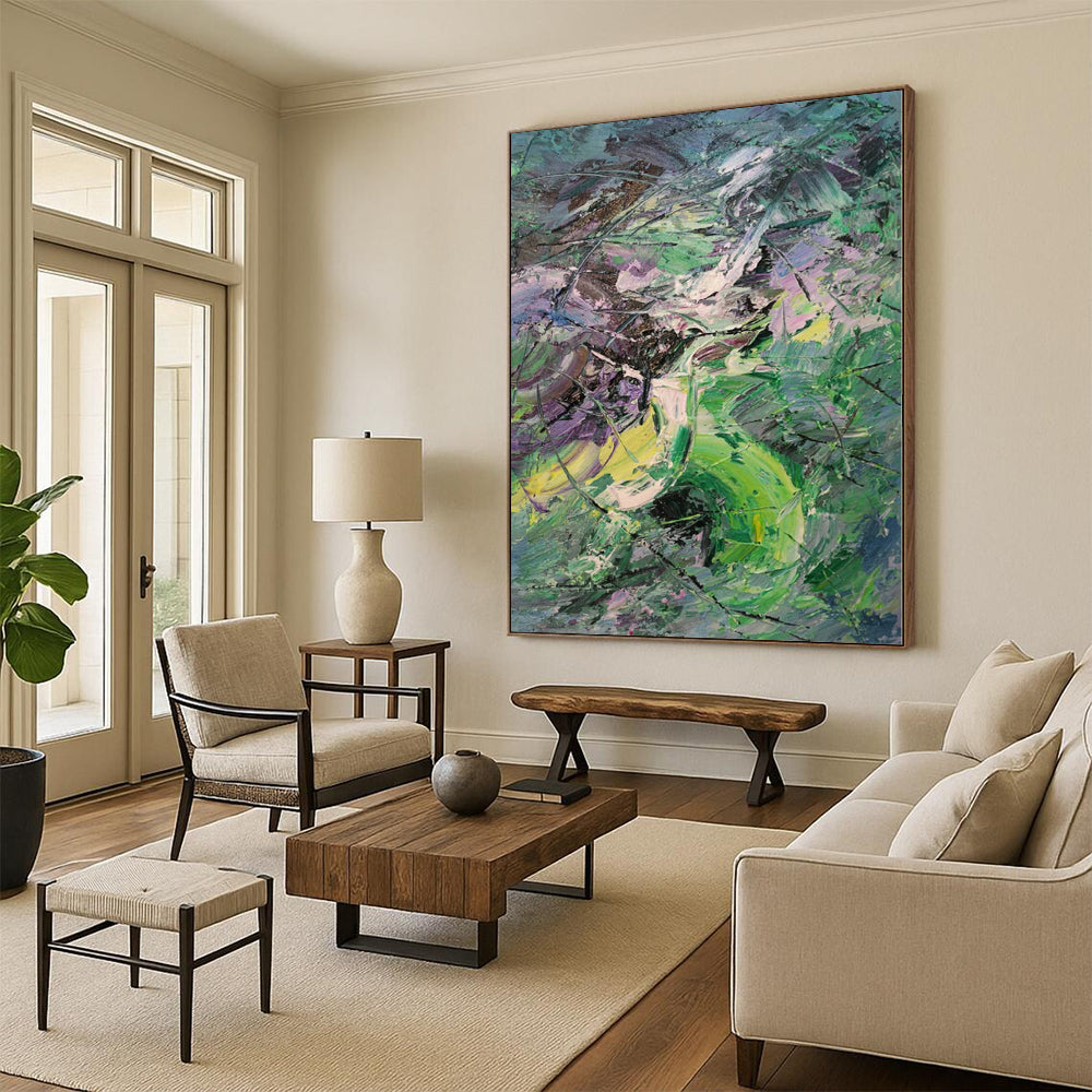 “Vibrant Green - Purple Abstract Chaos”，Expressionist Abstract Painting CT0353