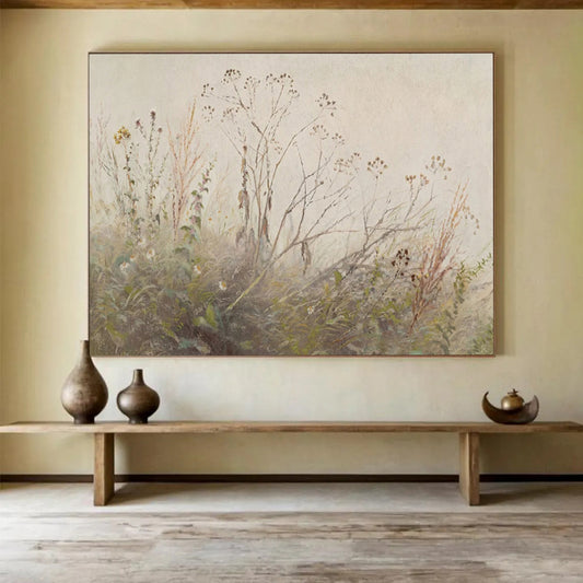 “Autumn Weeds” - Muted greens, browns, whites; delicate, faded plants in a gentle landscape CT1487