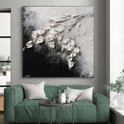 “3D White Flowers on Black”，Abstract Impasto Oil Painting CT0580