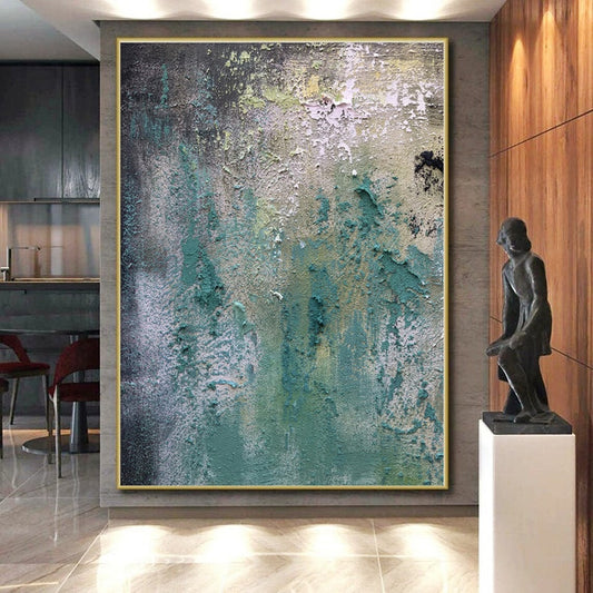 “Textured Teal and Green Abstract”，Abstract Impasto Acrylic Art CT0578