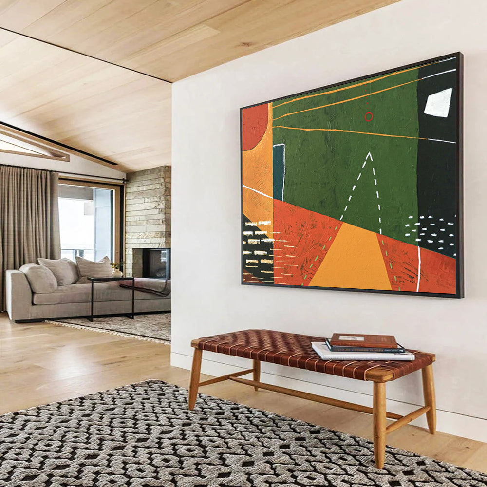 “Geometric Play in Green, Orange, and Black” - Modernist Acrylic Composition CT1808