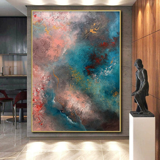 “Cosmic Blush” - Abstract Painting with Pink, Blue, Gray, Yellow, Red CT0053