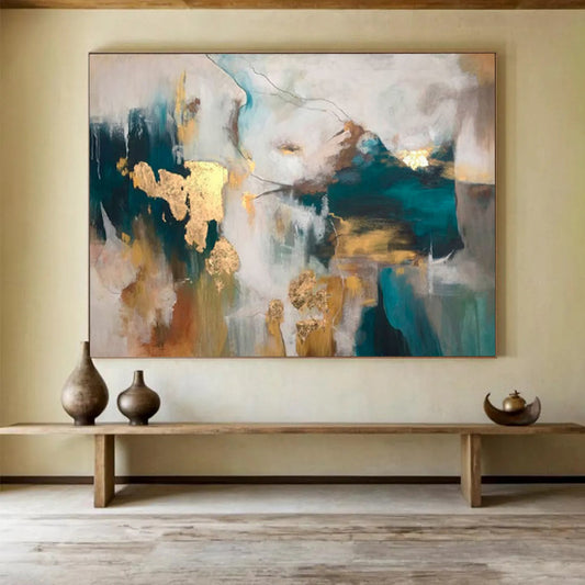 “Teal - Gold Abstract Fusion” - Teals, golds, whites; bold, textured abstraction with metallic flakes CT1632