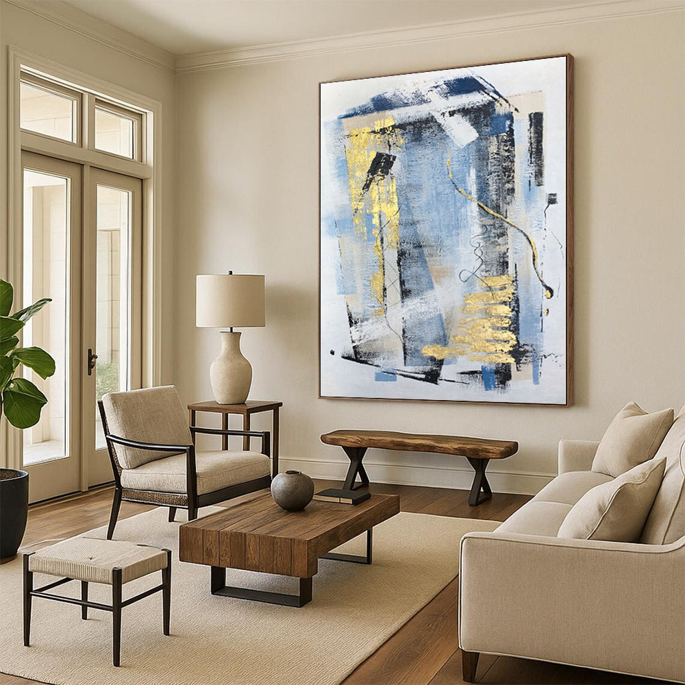 “Blue - Gold Geometric Abstraction” Abstract Acrylic Art CT0311