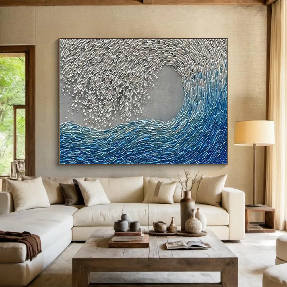 “Hand - painted Silver and Blue Wave” - Textured wave with silver and blue CT1654