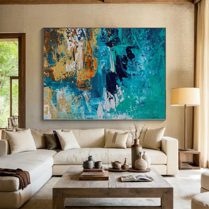 “Ocean Depths” - Abstract Painting with Teal, Blue, Black, Orange, White CT0036