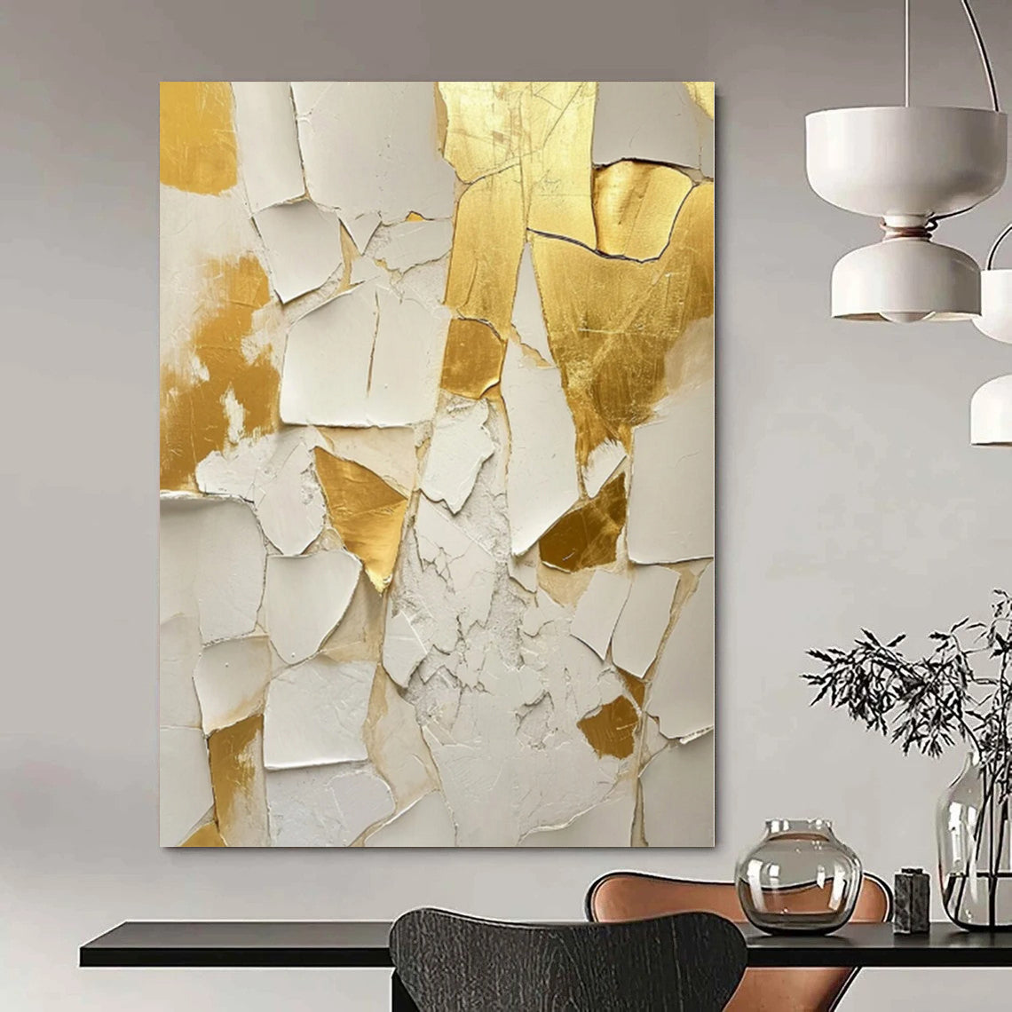 “White - Gold Fragmented Textures” Mixed - Media Art CT0216