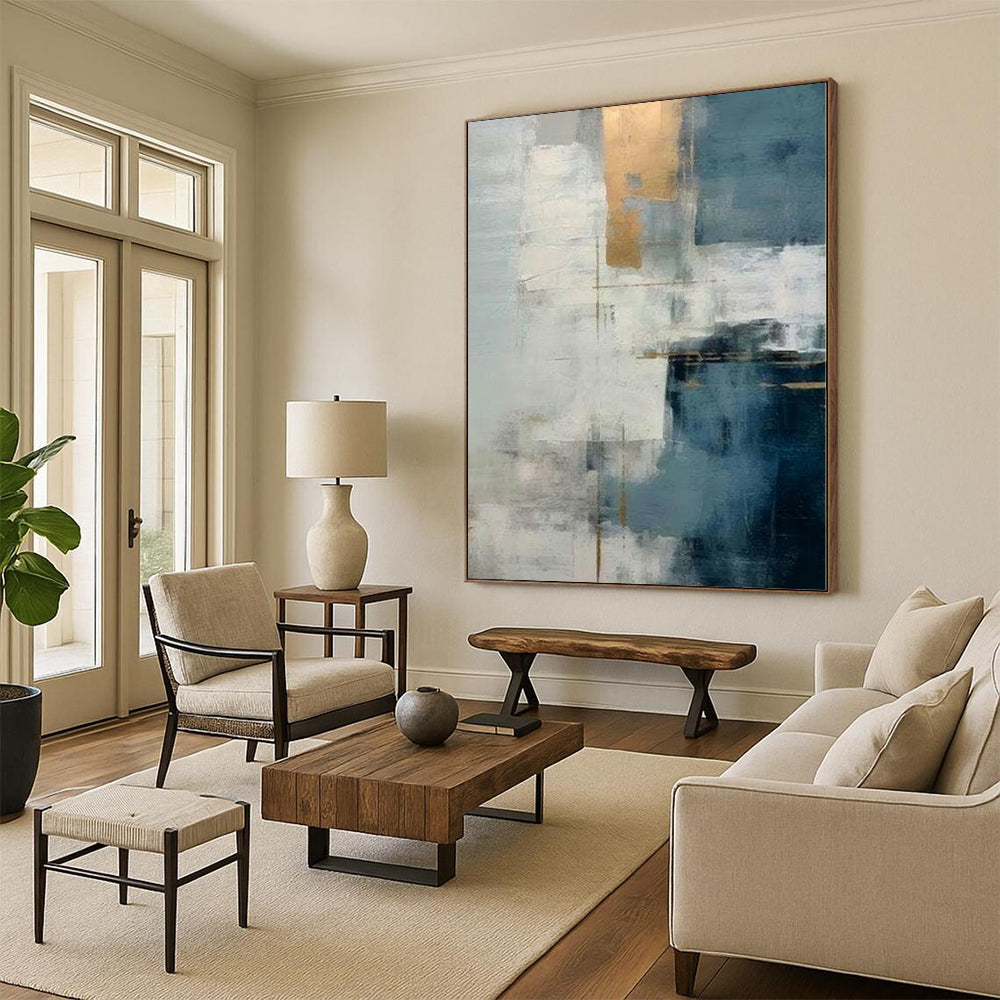 “Blue - Gray - Gold Abstract Layers” Abstract Acrylic Art CT0248