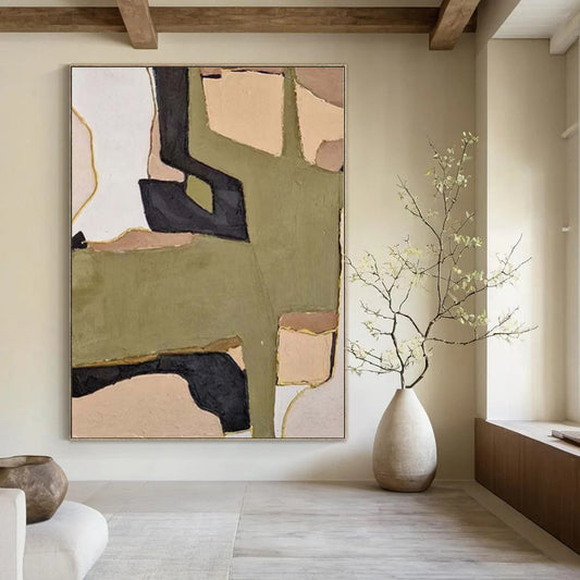 “Olive, Black, and Beige Geometric Collage” Mixed - Media Art CT0169