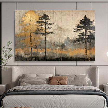 “Golden Forest Mist” - Gray, beige, gold; tall tree silhouettes in a hazy forest CT1575