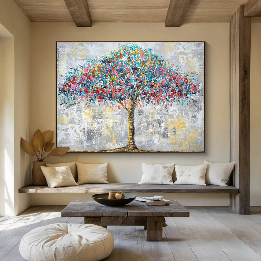 “Rainbow Tree” - Vivid blues, reds, yellows; textured, colorful tree against gray CT1514