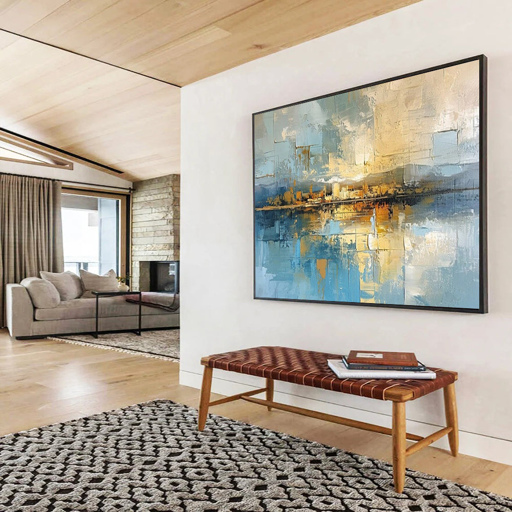 “Urban Reflection” - An urban abstract in blue, gold, and brown CT1640
