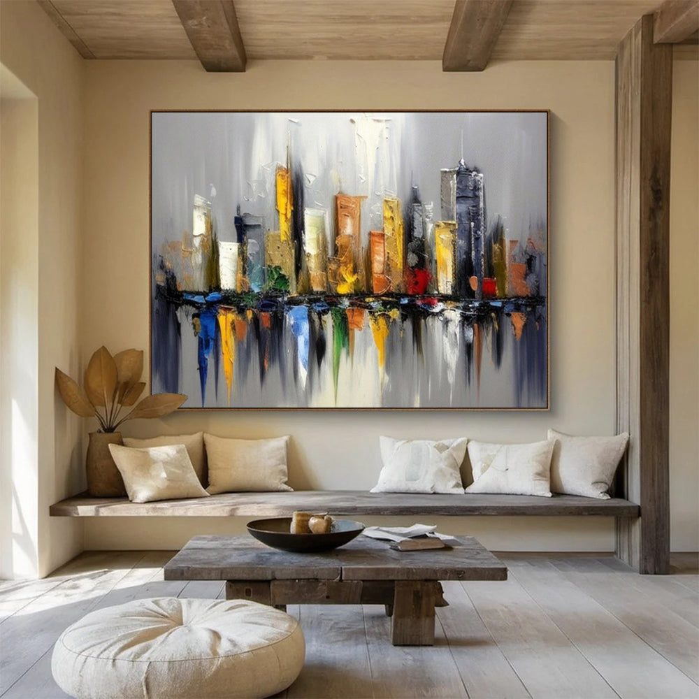 “Hand - painted City Skyline” - Textured cityscape with reflective elements in various colors CT1647