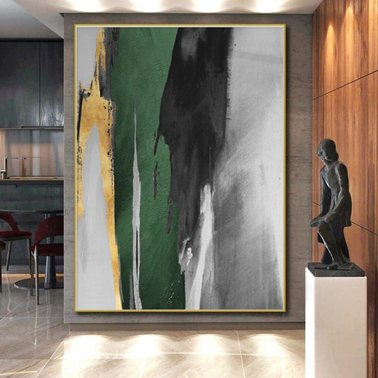 “Green - Black - Gold Dynamic Strokes”，Abstract Expressionist Art CT0637