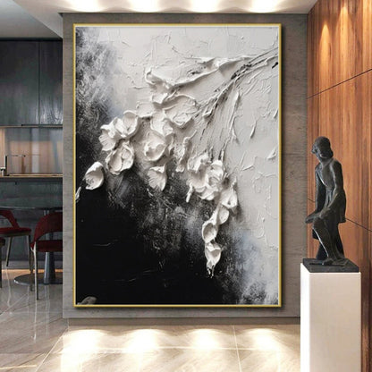 “3D White Flowers on Black”，Abstract Impasto Oil Painting CT0580