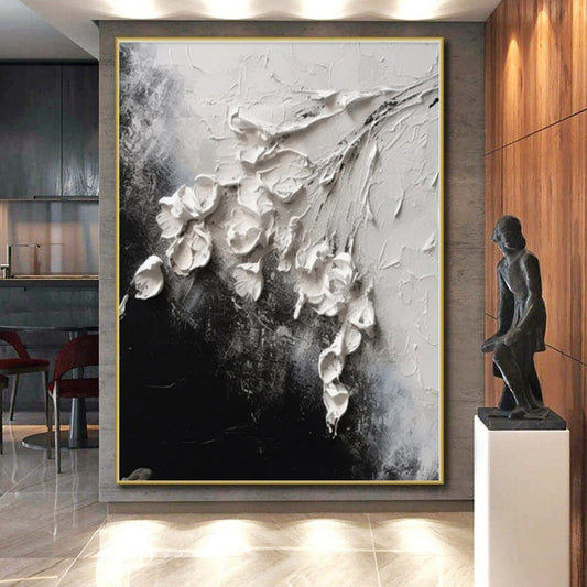 “3D White Flowers on Black”，Abstract Impasto Oil Painting CT0580