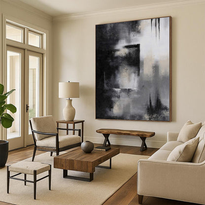 “Monochrome Mystery” - Abstract Painting with Black, White, Gray CT0076