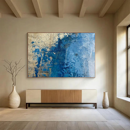 “Blue - Gold Cracked Abstraction” - Blues, golds, whites; cracked - texture abstraction with metallic accents CT1634