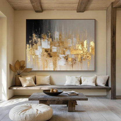 “Gilded Urban Silhouette” - Black, gray, gold; abstract squares and lines form a city - like shape CT1555