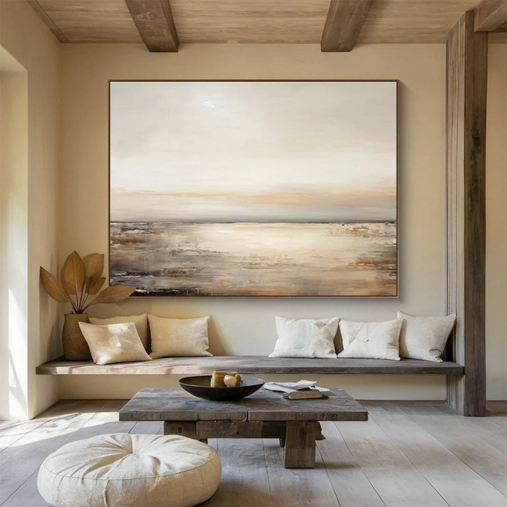 “Beige Sea Horizon” - Beige, gray, white; soft, muted seascape with gentle waves CT1572