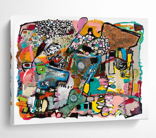 Colorful, complex abstract composition with various shapes and patterns CT1656