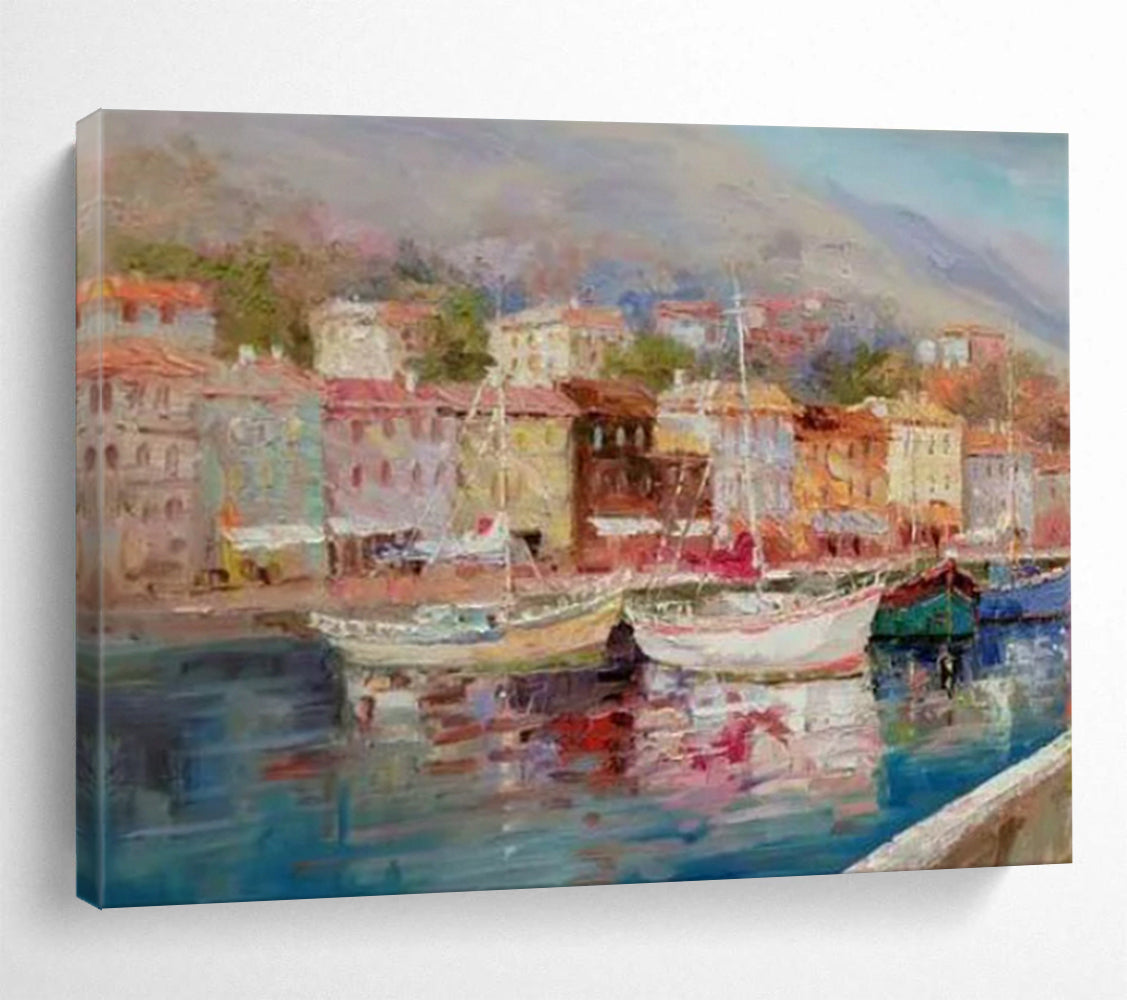Harbor Scene with Colorful Boats and Buildings - Impressionistic Oil Painting CT1800