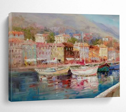 Harbor Scene with Colorful Boats and Buildings - Impressionistic Oil Painting CT1800