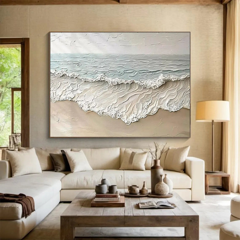 “Textured Beach Waves” - Beige, blue, white; thick, 3D - like beach scene CT1581