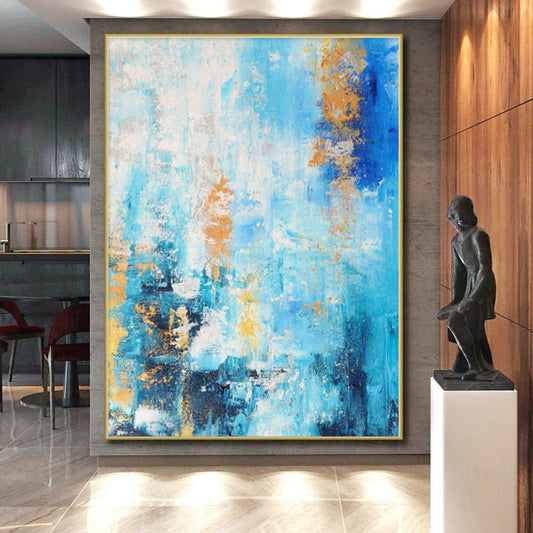 “Azure Gold Streaks” - Abstract Art with Blue, White, Gold Accents CT0015