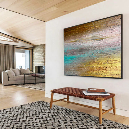 “Sunset Horizons” – Layered golds, teals, pinks in thick, horizontal acrylic strokes CT1691