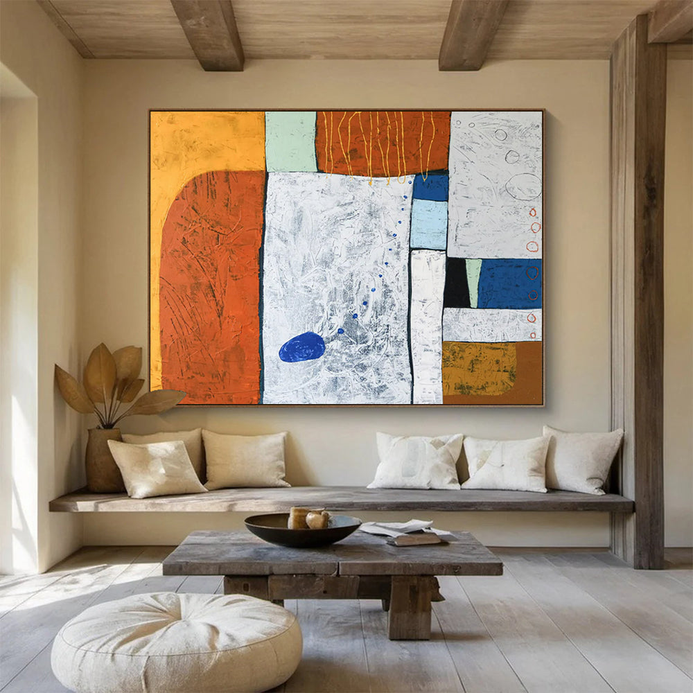 “Textured Color Blocks in Orange, White, and Blue” - Mixed - Media Abstract Art CT1807