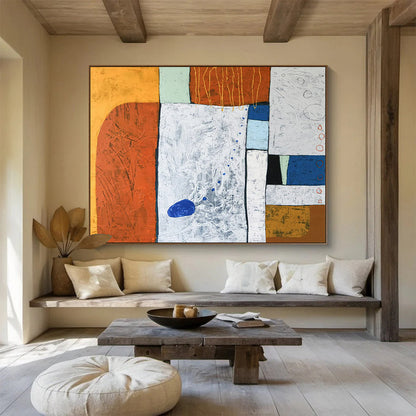 “Textured Color Blocks in Orange, White, and Blue” - Mixed - Media Abstract Art CT1807